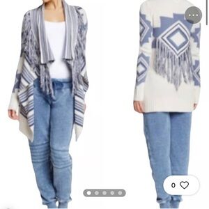 P.J. SALVAGE cream & blue southwest tribal fringe open cardigan
